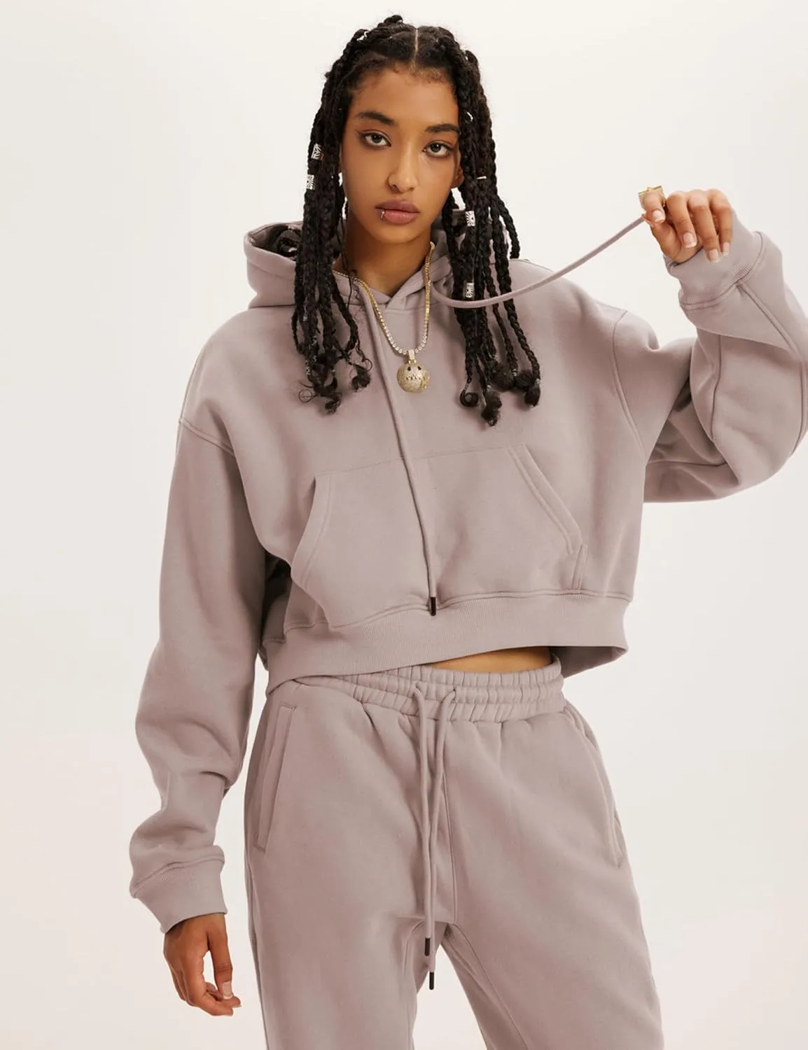 Ailoqing Sweat Suit for Women 2 Piece Set Fleece Crop Hoodie and Sweatpants Sweatsuits Jogger Sets Tracksuit