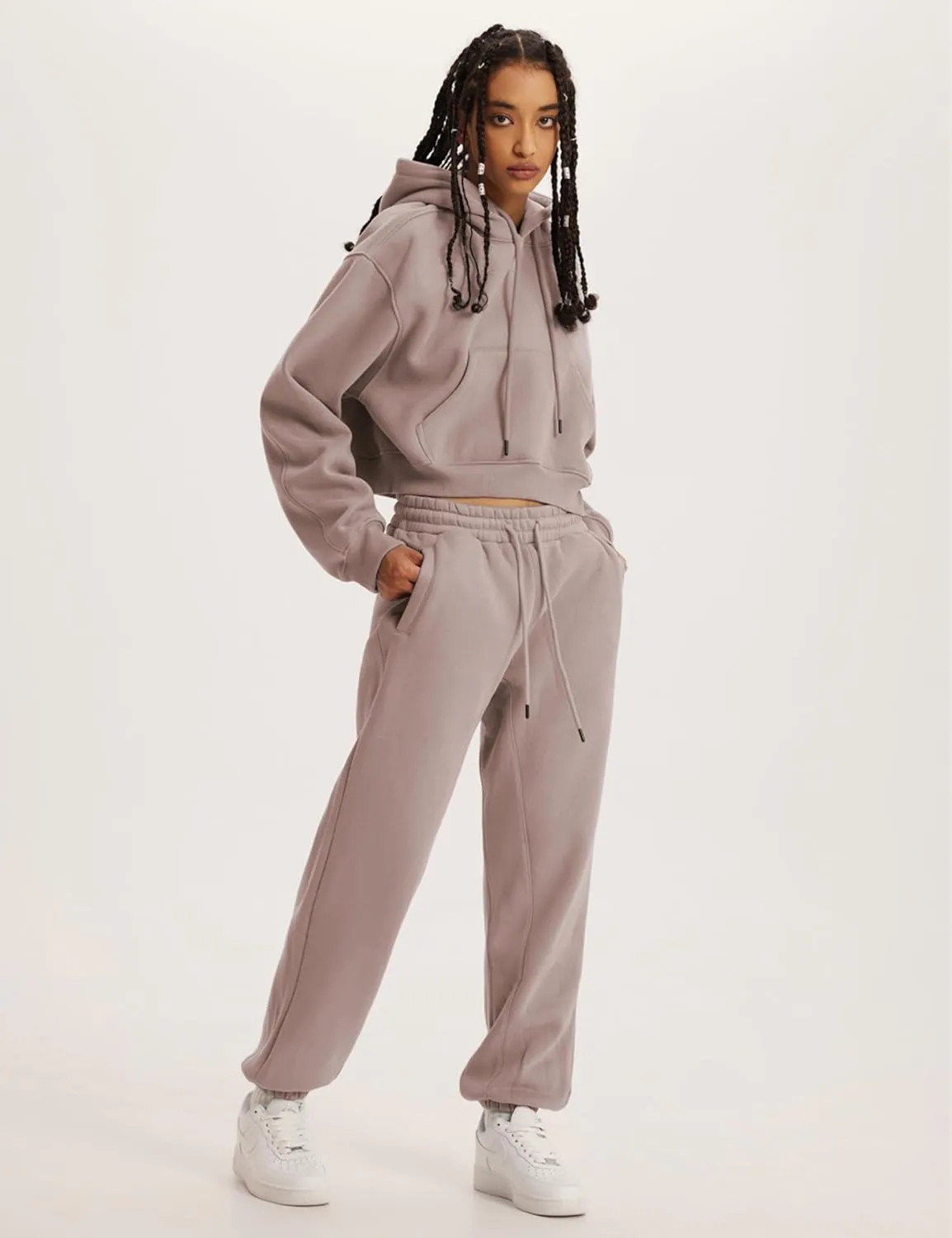 Ailoqing Sweat Suit for Women 2 Piece Set Fleece Crop Hoodie and Sweatpants Sweatsuits Jogger Sets Tracksuit