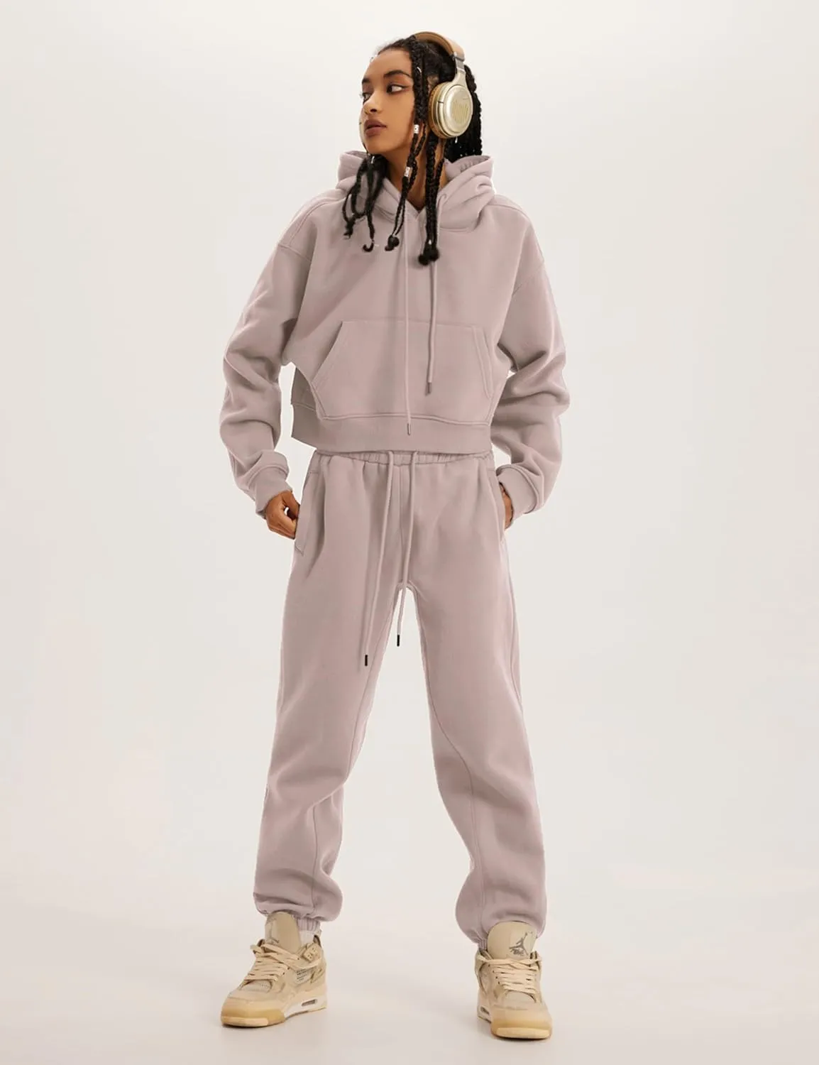 Ailoqing Sweat Suit for Women 2 Piece Set Fleece Crop Hoodie and Sweatpants Sweatsuits Jogger Sets Tracksuit