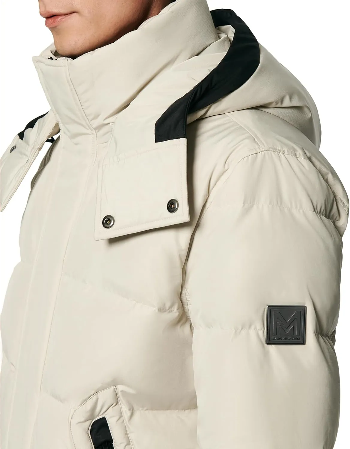 Andrew Marc Men's Short Quilted Inner Bib Attached Down Fill Phoenix Down Bomber Hybrid