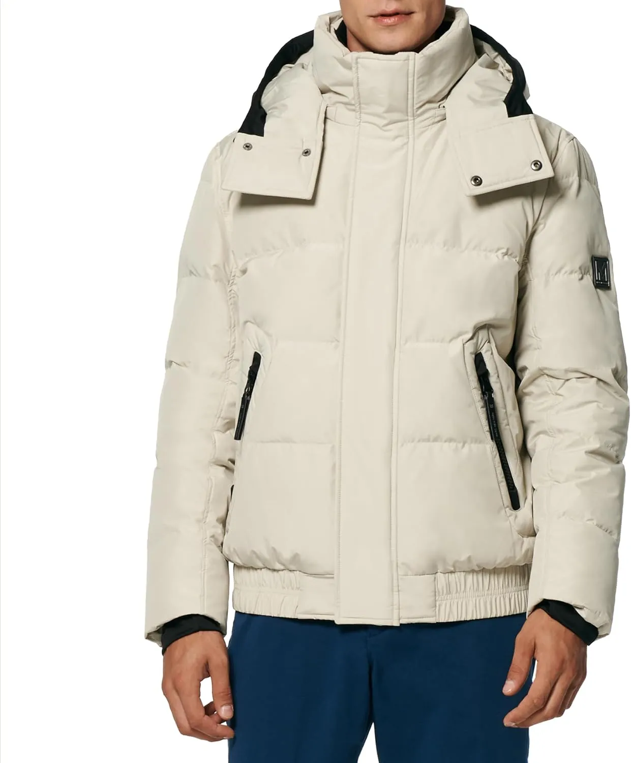 Andrew Marc Men's Short Quilted Inner Bib Attached Down Fill Phoenix Down Bomber Hybrid