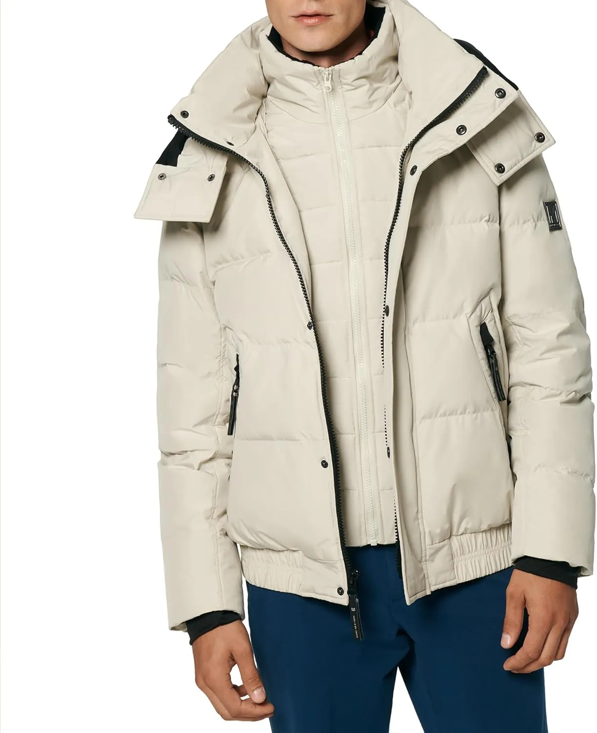 Andrew Marc Men's Short Quilted Inner Bib Attached Down Fill Phoenix Down Bomber Hybrid