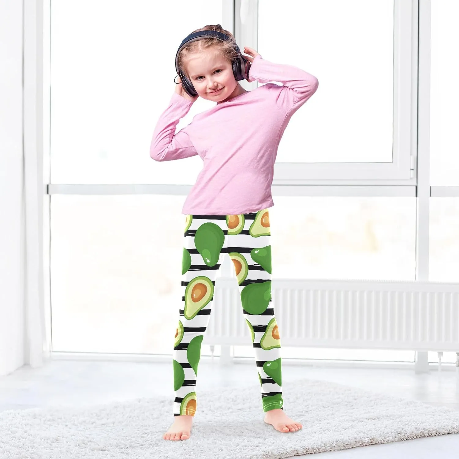 Aslsiy Avocado Black Striped Girls Leggings Green Fruit Toddler Stretch Tights Pants