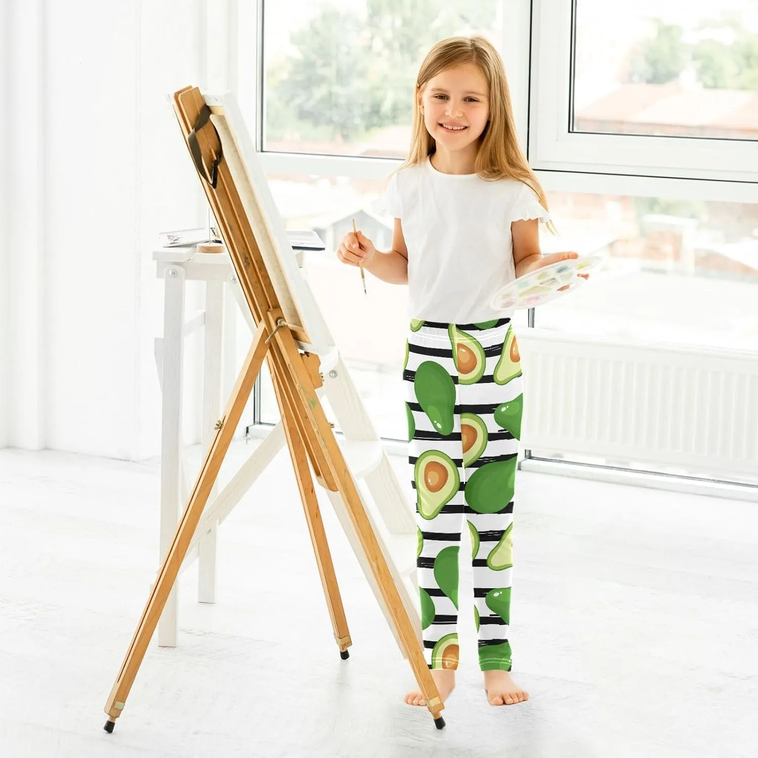 Aslsiy Avocado Black Striped Girls Leggings Green Fruit Toddler Stretch Tights Pants