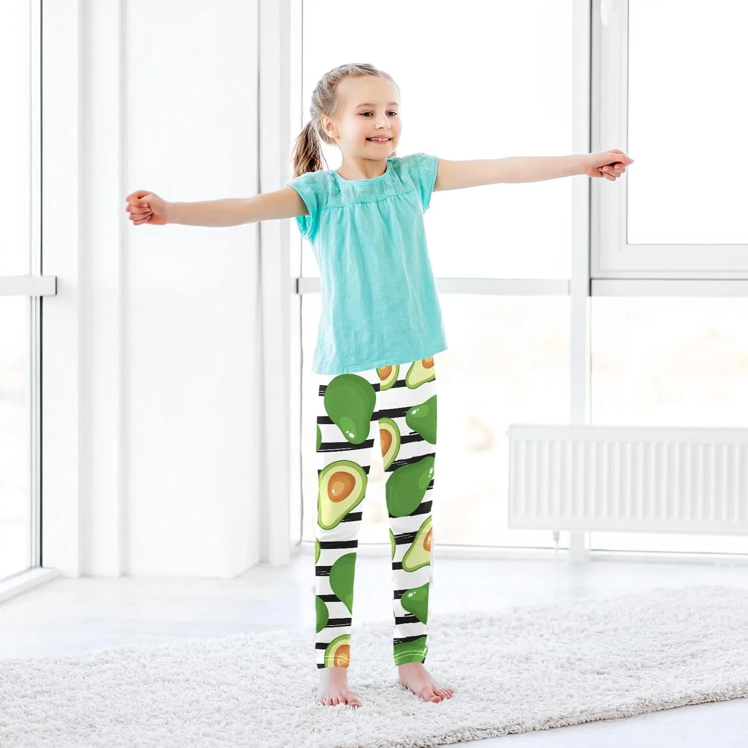 Aslsiy Avocado Black Striped Girls Leggings Green Fruit Toddler Stretch Tights Pants