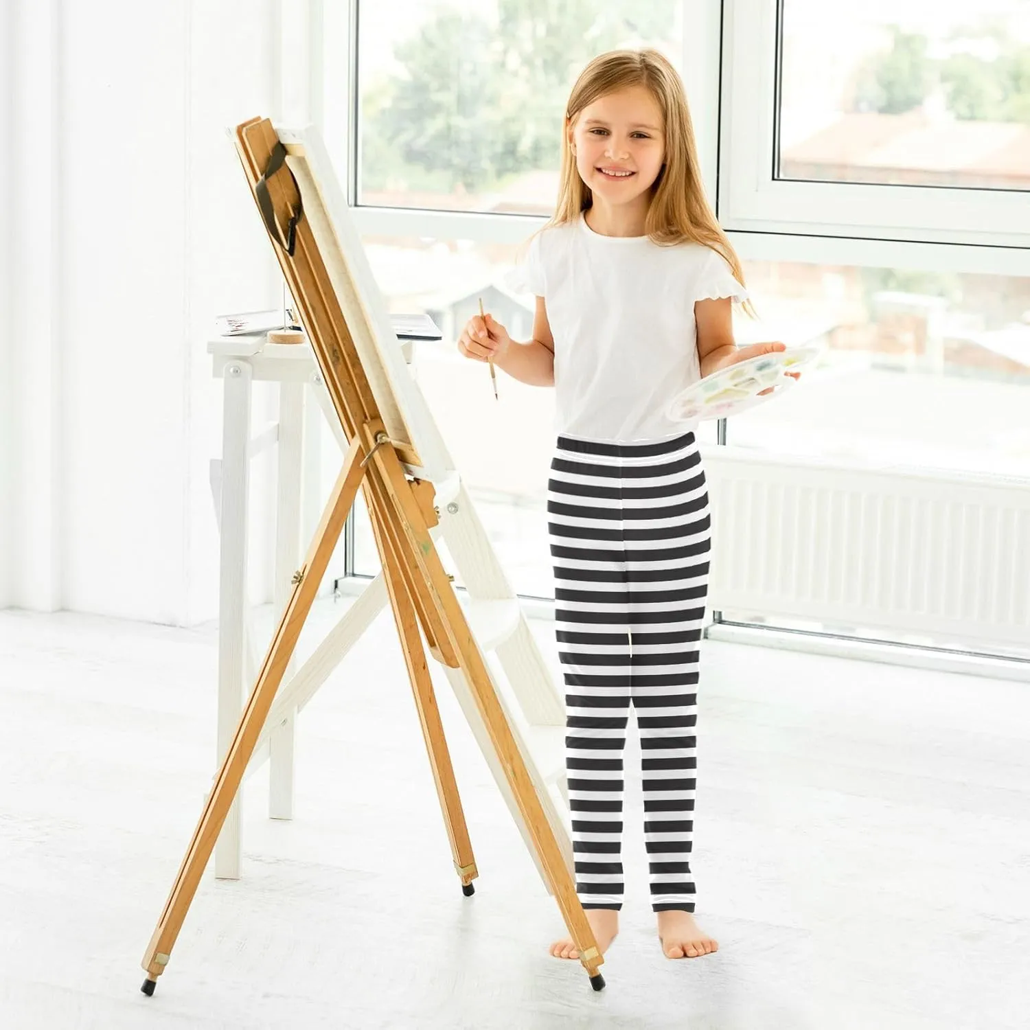 Aslsiy Classic Black White Stripe Girls Leggings Toddler Stretch Tights Pants