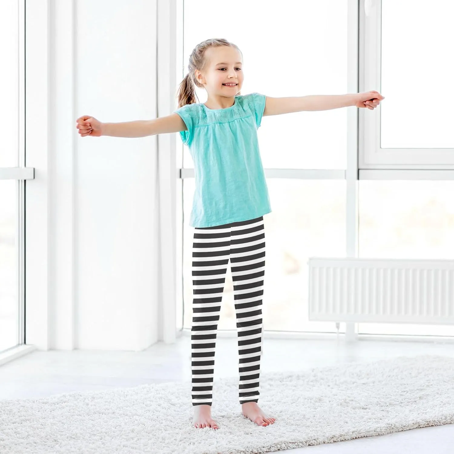 Aslsiy Classic Black White Stripe Girls Leggings Toddler Stretch Tights Pants