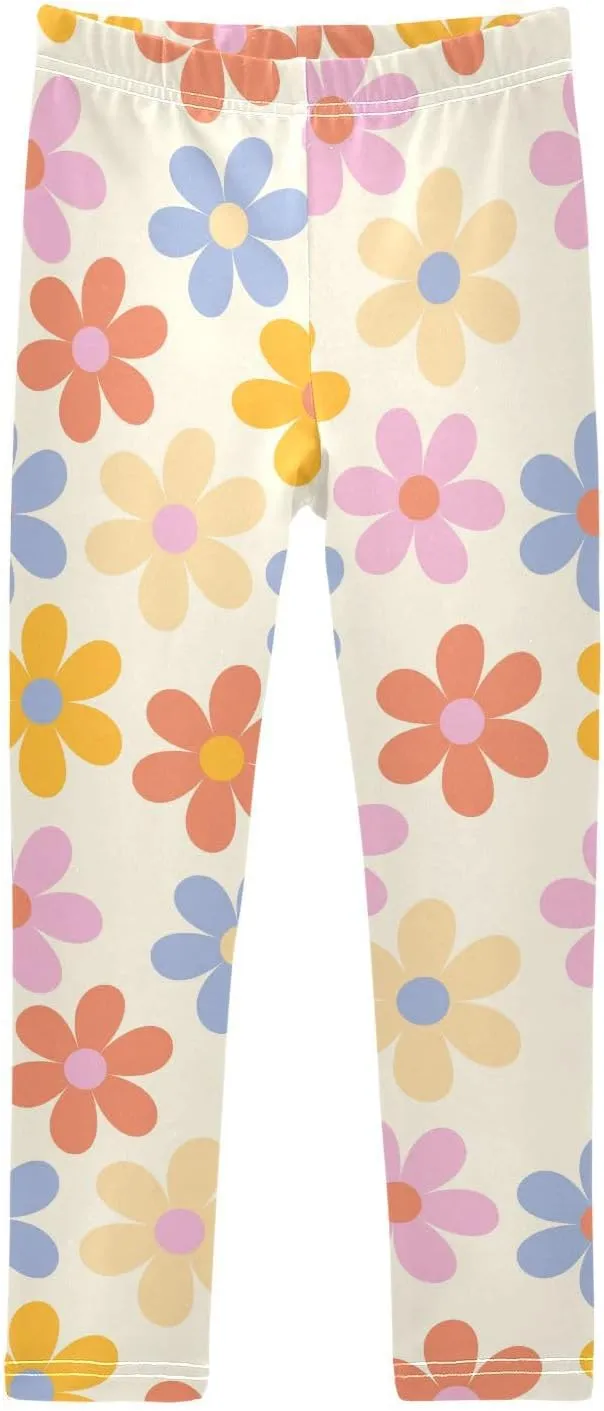 Aslsiy Girls Leggings Floral 70s Toddler Stretch Tights Pants Groovy Daisy Flowers Pants