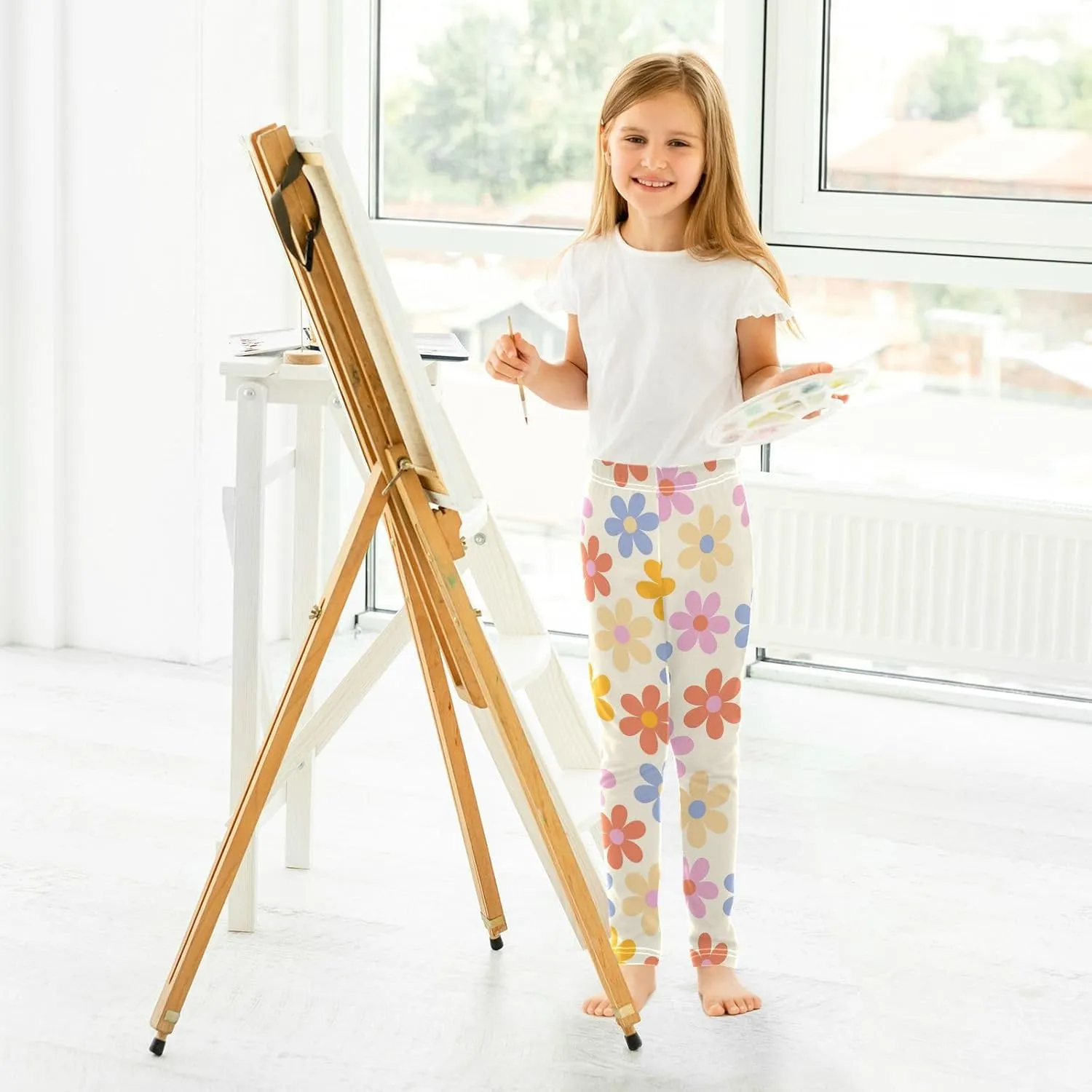 Aslsiy Girls Leggings Floral 70s Toddler Stretch Tights Pants Groovy Daisy Flowers Pants
