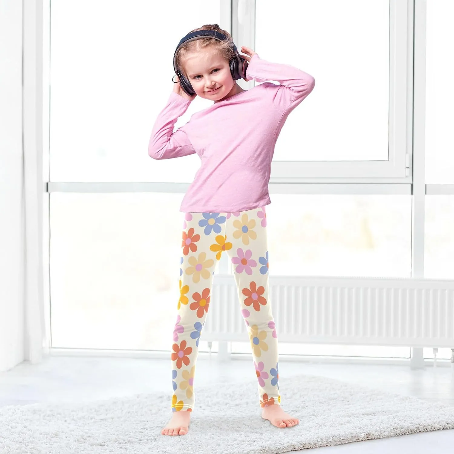 Aslsiy Girls Leggings Floral 70s Toddler Stretch Tights Pants Groovy Daisy Flowers Pants