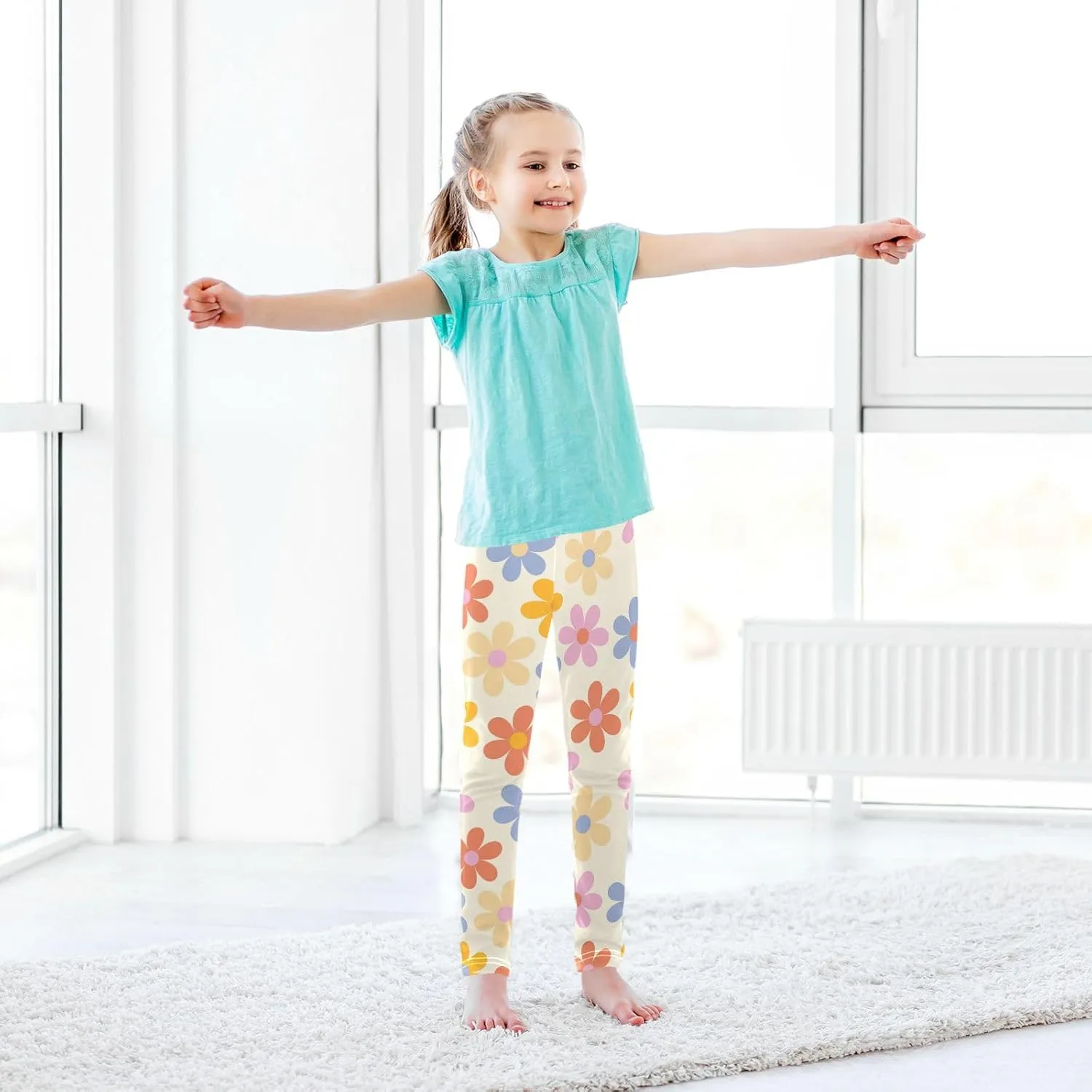 Aslsiy Girls Leggings Floral 70s Toddler Stretch Tights Pants Groovy Daisy Flowers Pants