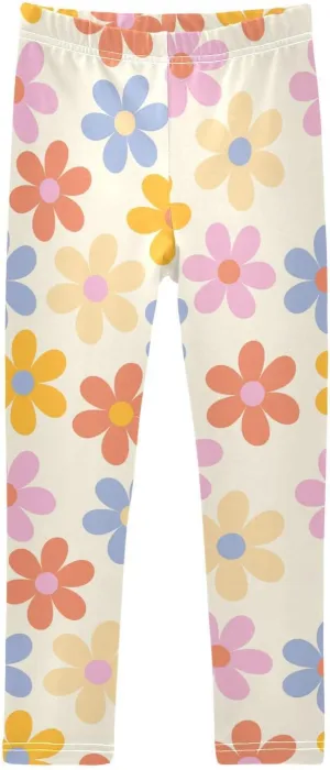 Aslsiy Girls Leggings Floral 70s Toddler Stretch Tights Pants Groovy Daisy Flowers Pants