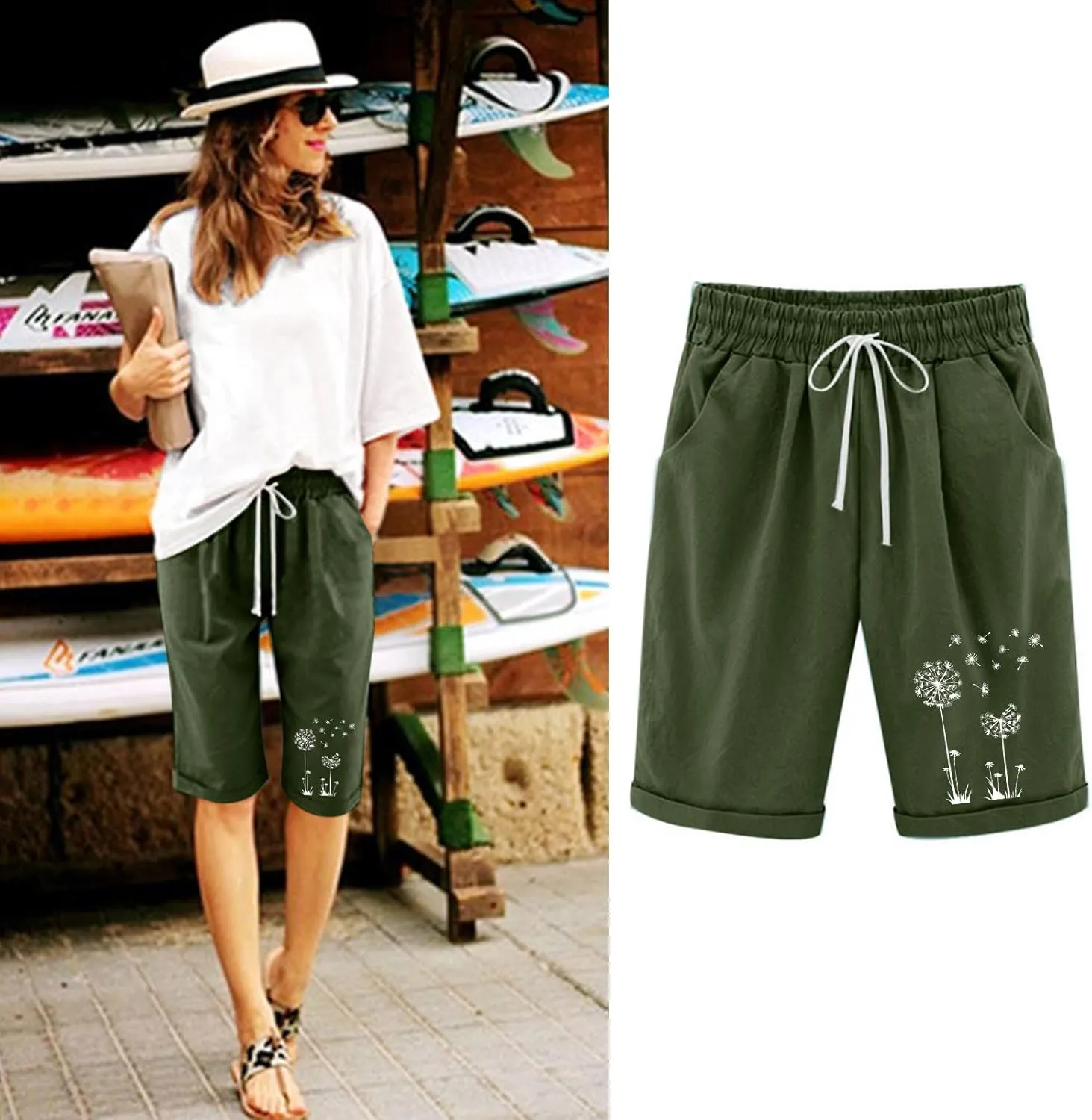 Bermuda Shorts for Women High Waisted Cotton Linen Elastic Drawstring Summer Shorts Casual Loose Fit Dandelion Print