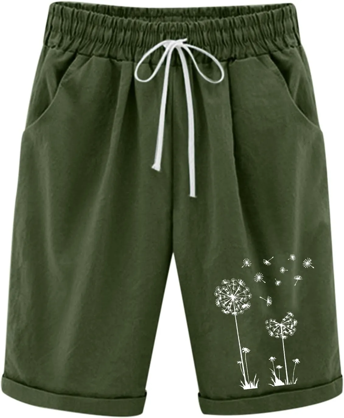 Bermuda Shorts for Women High Waisted Cotton Linen Elastic Drawstring Summer Shorts Casual Loose Fit Dandelion Print