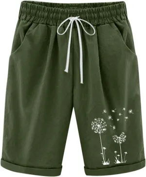 Bermuda Shorts for Women High Waisted Cotton Linen Elastic Drawstring Summer Shorts Casual Loose Fit Dandelion Print