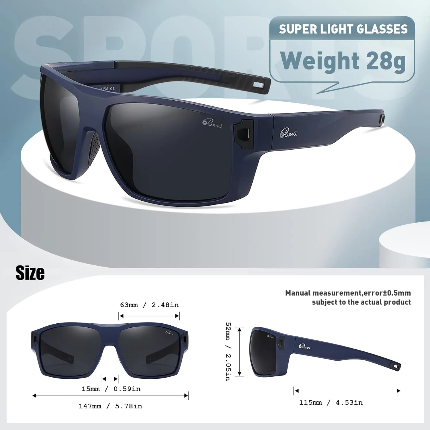 Bevi Square Polarized Sunglasses UV 400 Protection with TR90 Lightweight Frame Glasses for Women Men