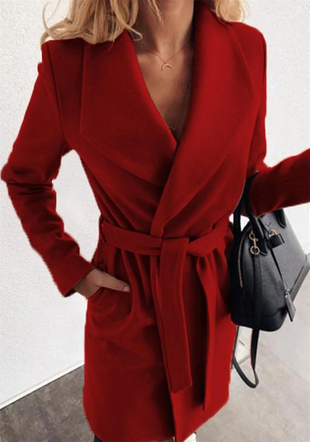 BOFETA Women's Casual Shaw Collar Wool Blend Wrap Coat Open Front Long Solid Color Pockets Cardigan Pea Coat with Tie Belt