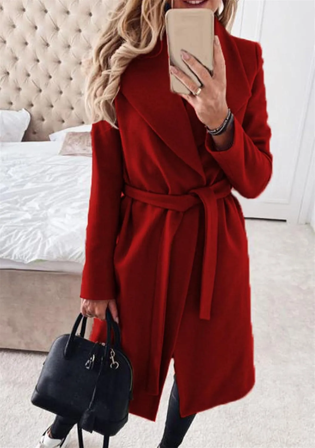 BOFETA Women's Casual Shaw Collar Wool Blend Wrap Coat Open Front Long Solid Color Pockets Cardigan Pea Coat with Tie Belt