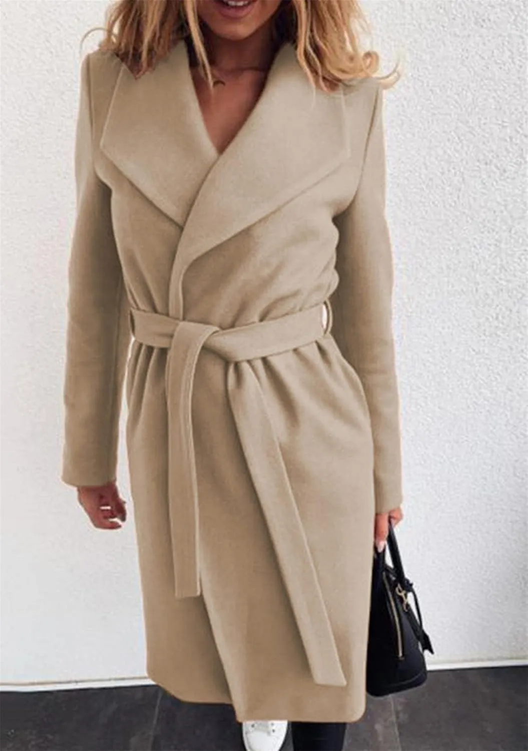 BOFETA Women's Casual Shaw Collar Wool Blend Wrap Coat Open Front Long Solid Color Pockets Cardigan Pea Coat with Tie Belt