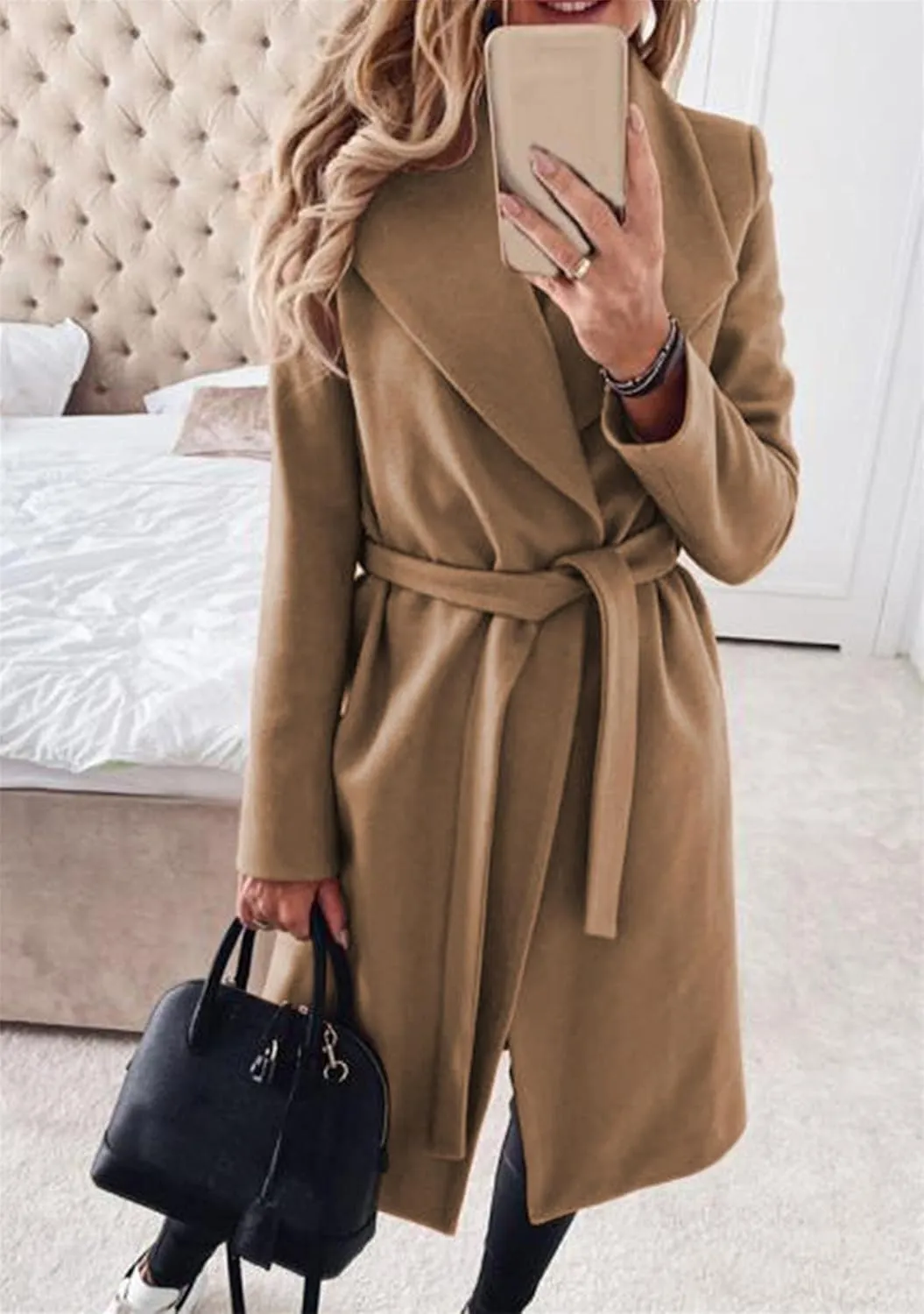 BOFETA Women's Casual Shaw Collar Wool Blend Wrap Coat Open Front Long Solid Color Pockets Cardigan Pea Coat with Tie Belt
