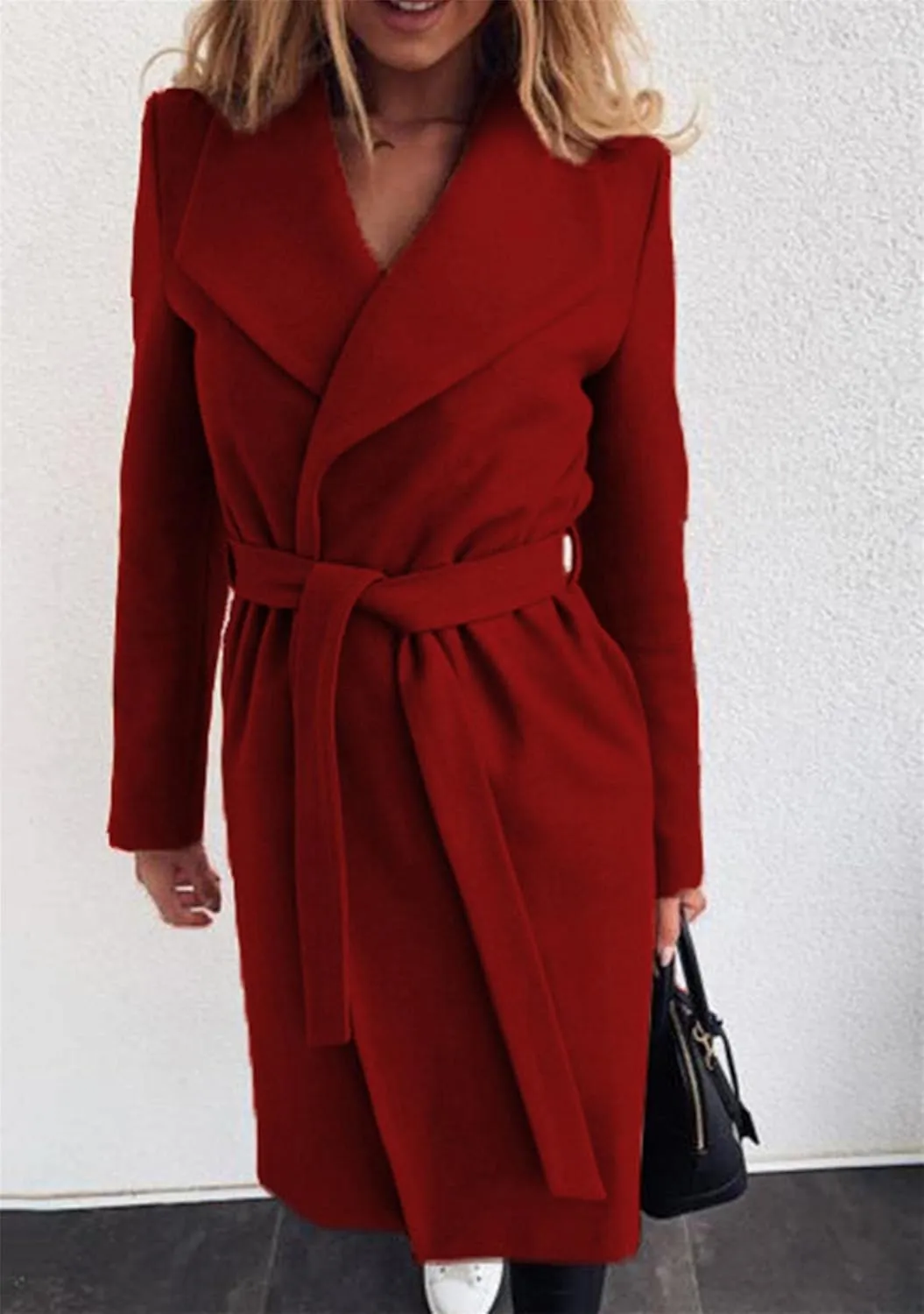 BOFETA Women's Casual Shaw Collar Wool Blend Wrap Coat Open Front Long Solid Color Pockets Cardigan Pea Coat with Tie Belt