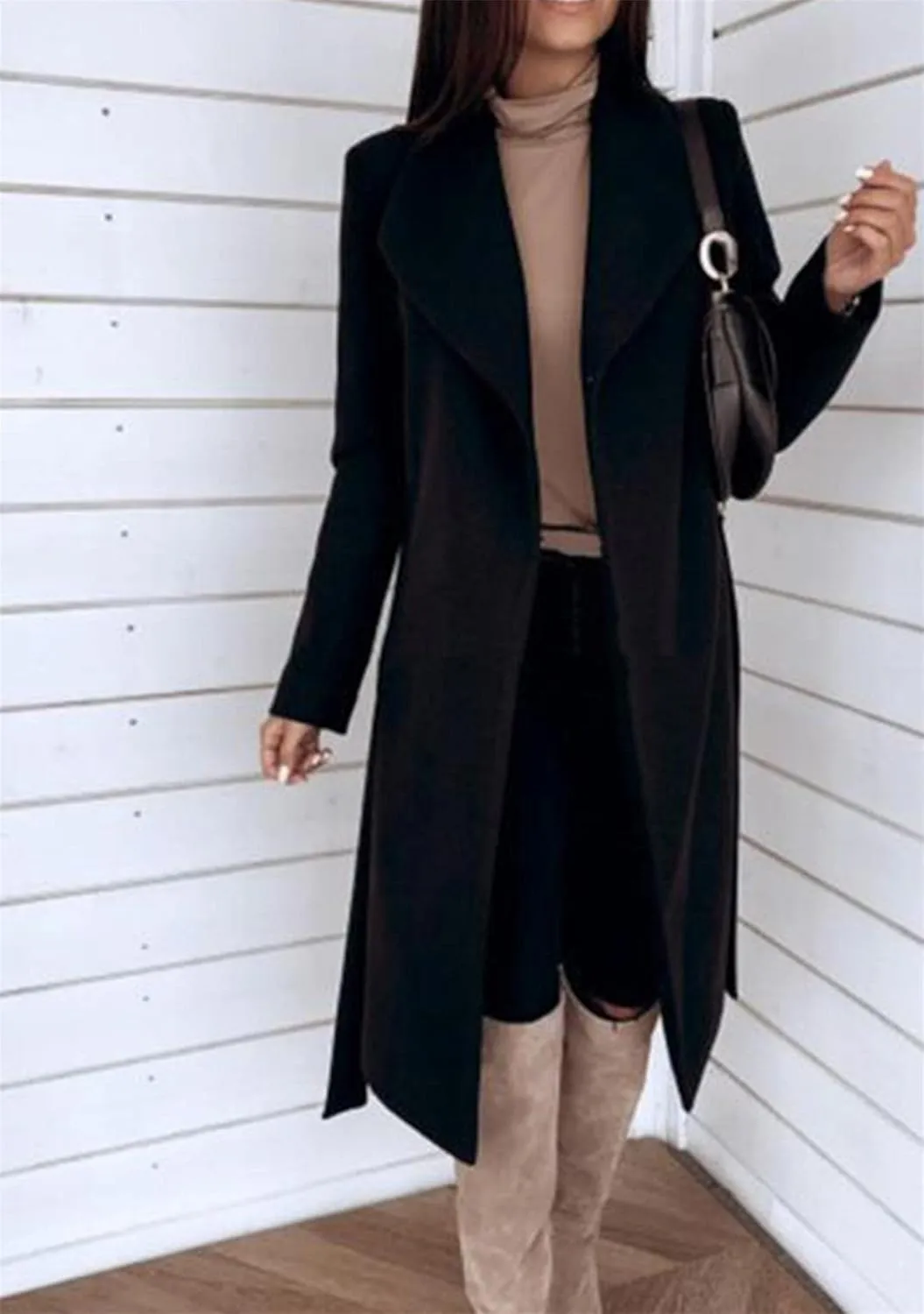 BOFETA Women's Casual Shaw Collar Wool Blend Wrap Coat Open Front Long Solid Color Pockets Cardigan Pea Coat with Tie Belt