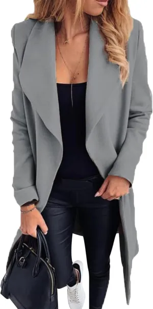 BOFETA Women's Casual Shaw Collar Wool Blend Wrap Coat Open Front Long Solid Color Pockets Cardigan Pea Coat with Tie Belt