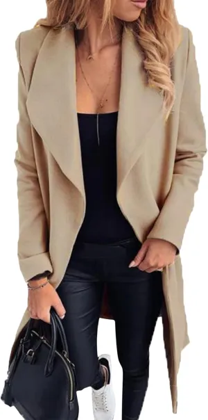 BOFETA Women's Casual Shaw Collar Wool Blend Wrap Coat Open Front Long Solid Color Pockets Cardigan Pea Coat with Tie Belt