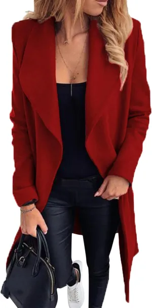 BOFETA Women's Casual Shaw Collar Wool Blend Wrap Coat Open Front Long Solid Color Pockets Cardigan Pea Coat with Tie Belt
