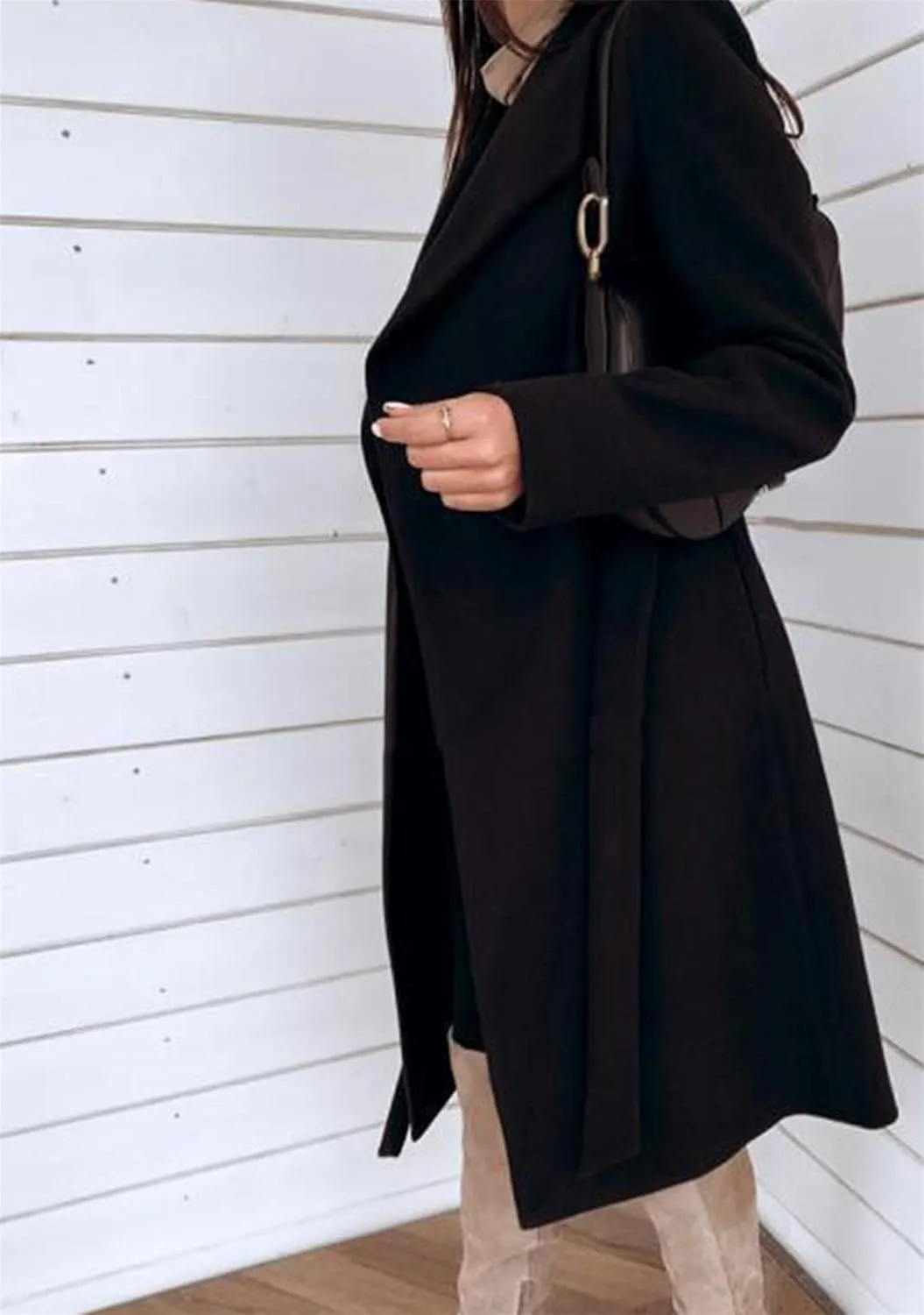 BOFETA Women's Casual Shaw Collar Wool Blend Wrap Coat Open Front Long Solid Color Pockets Cardigan Pea Coat with Tie Belt