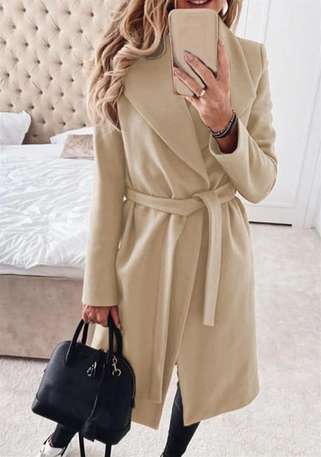 BOFETA Women's Casual Shaw Collar Wool Blend Wrap Coat Open Front Long Solid Color Pockets Cardigan Pea Coat with Tie Belt