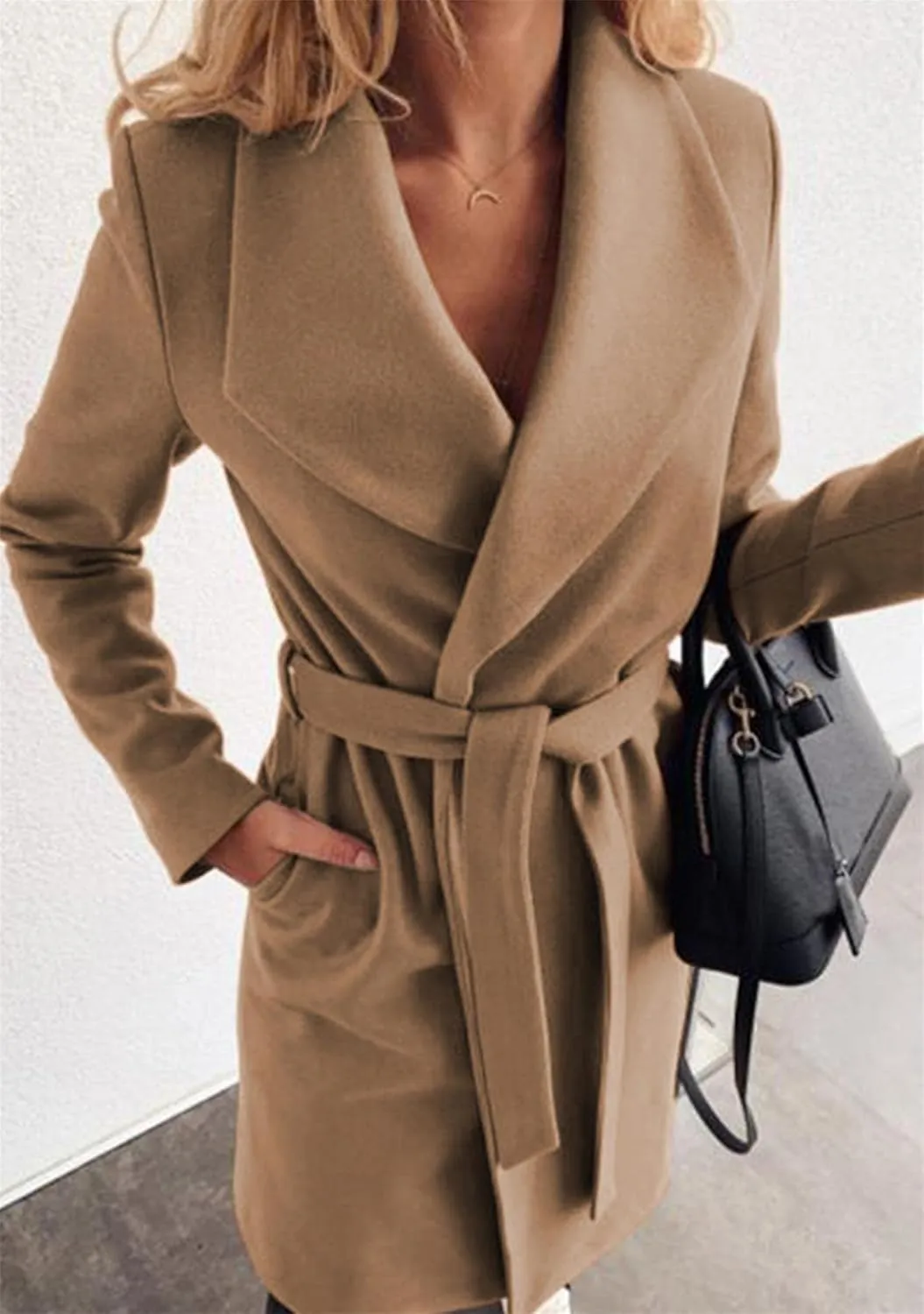 BOFETA Women's Casual Shaw Collar Wool Blend Wrap Coat Open Front Long Solid Color Pockets Cardigan Pea Coat with Tie Belt