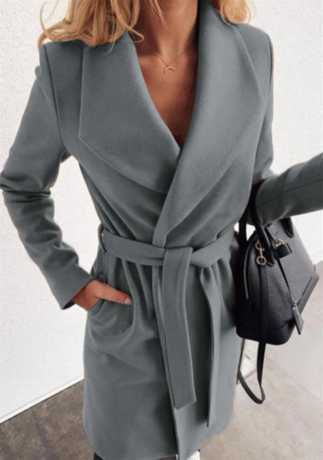 BOFETA Women's Casual Shaw Collar Wool Blend Wrap Coat Open Front Long Solid Color Pockets Cardigan Pea Coat with Tie Belt