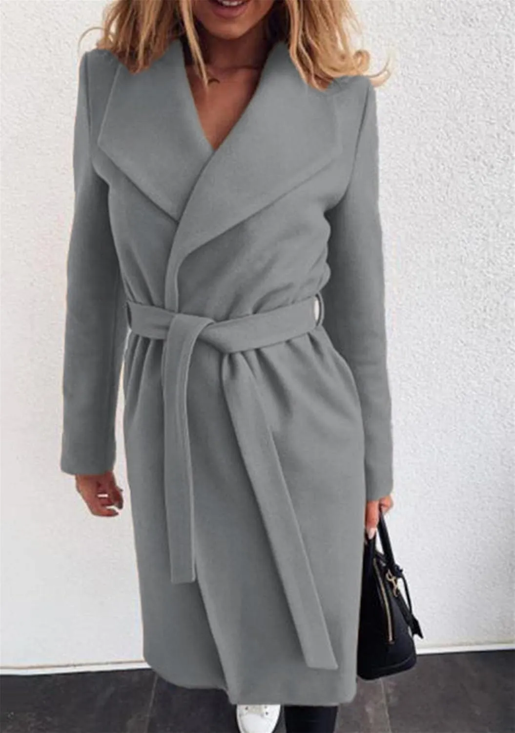 BOFETA Women's Casual Shaw Collar Wool Blend Wrap Coat Open Front Long Solid Color Pockets Cardigan Pea Coat with Tie Belt
