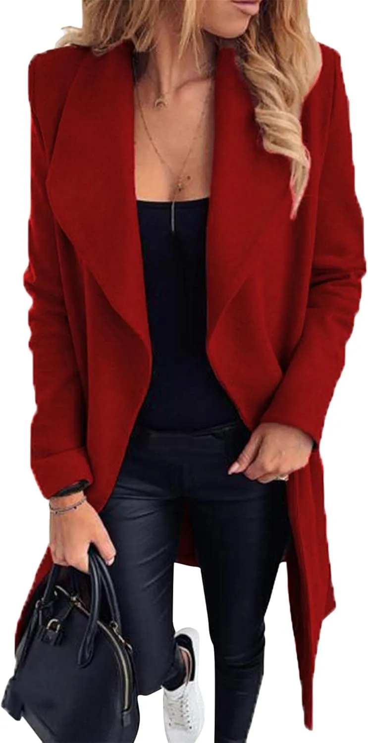 BOFETA Women's Casual Shaw Collar Wool Blend Wrap Coat Open Front Long Solid Color Pockets Cardigan Pea Coat with Tie Belt