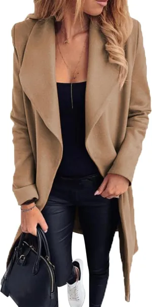 BOFETA Women's Casual Shaw Collar Wool Blend Wrap Coat Open Front Long Solid Color Pockets Cardigan Pea Coat with Tie Belt