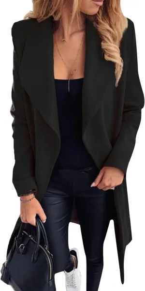 BOFETA Women's Casual Shaw Collar Wool Blend Wrap Coat Open Front Long Solid Color Pockets Cardigan Pea Coat with Tie Belt