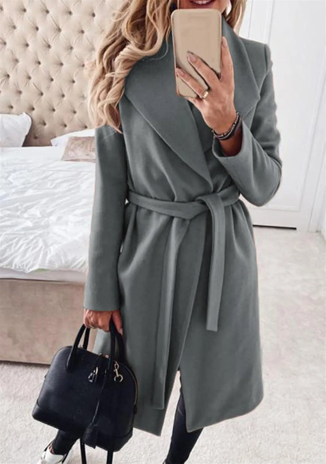 BOFETA Women's Casual Shaw Collar Wool Blend Wrap Coat Open Front Long Solid Color Pockets Cardigan Pea Coat with Tie Belt