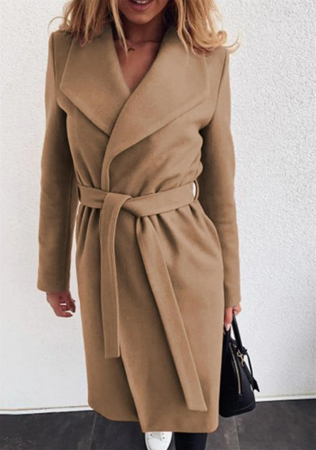BOFETA Women's Casual Shaw Collar Wool Blend Wrap Coat Open Front Long Solid Color Pockets Cardigan Pea Coat with Tie Belt
