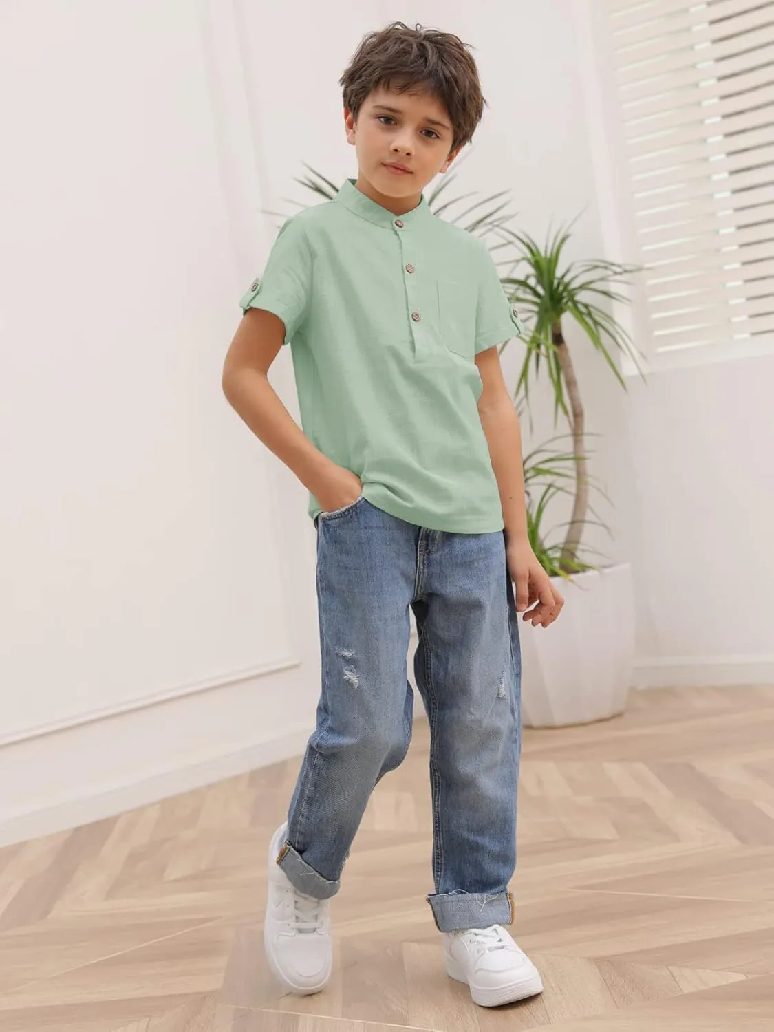 Boys Short Sleeve Henley Shirt Button Up Linen Cotton Dress Shirts Tees Tops with One Pocket