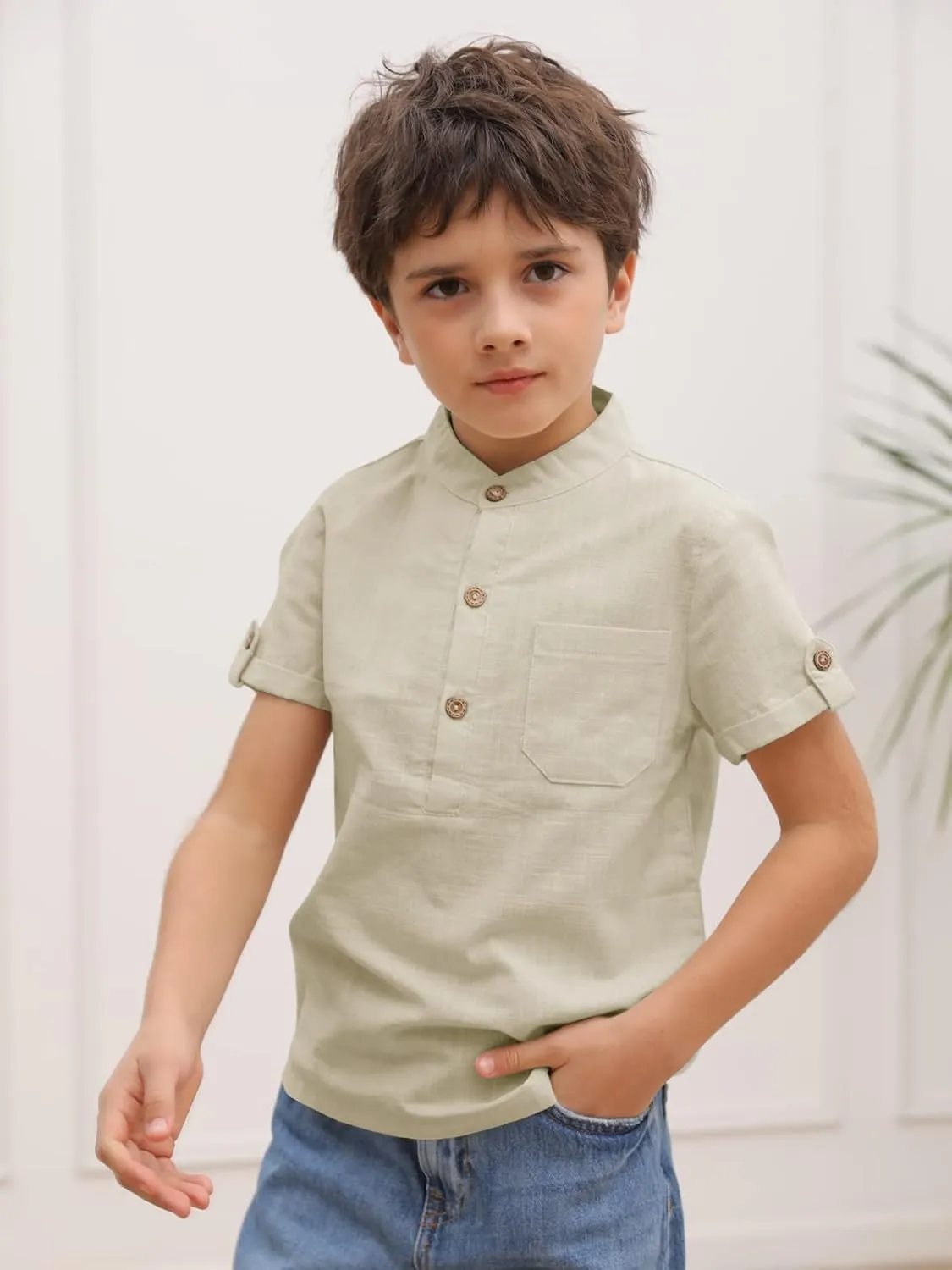 Boys Short Sleeve Henley Shirt Button Up Linen Cotton Dress Shirts Tees Tops with One Pocket