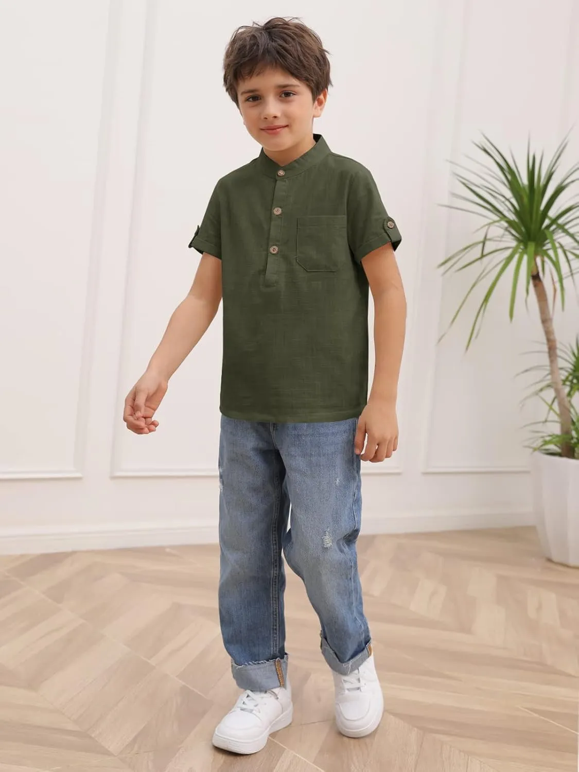 Boys Short Sleeve Henley Shirt Button Up Linen Cotton Dress Shirts Tees Tops with One Pocket