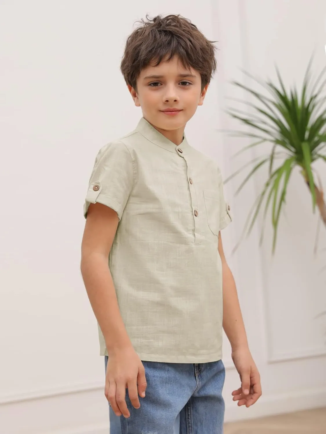 Boys Short Sleeve Henley Shirt Button Up Linen Cotton Dress Shirts Tees Tops with One Pocket