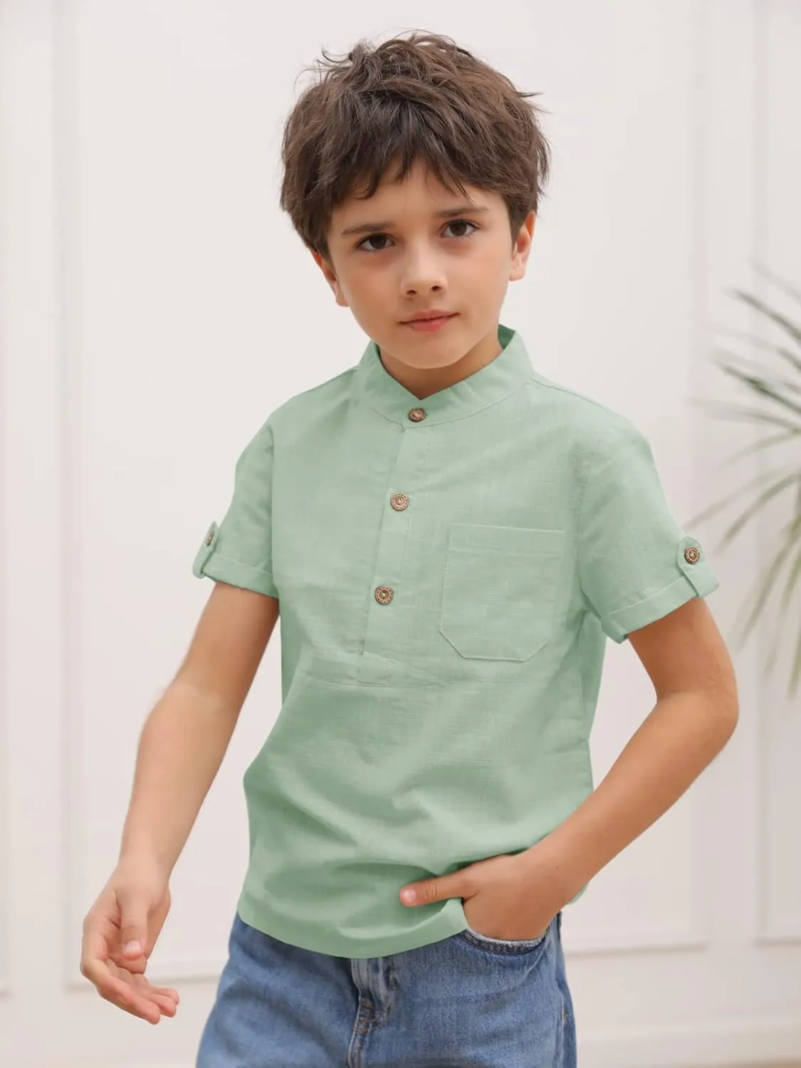 Boys Short Sleeve Henley Shirt Button Up Linen Cotton Dress Shirts Tees Tops with One Pocket