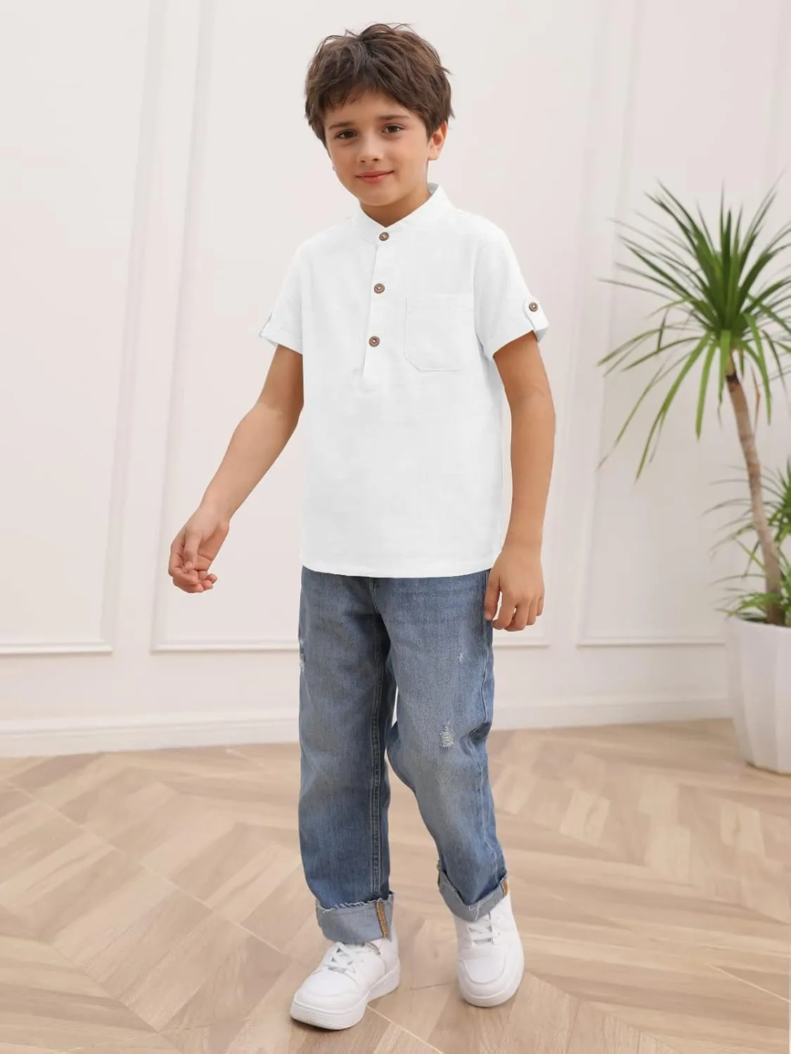 Boys Short Sleeve Henley Shirt Button Up Linen Cotton Dress Shirts Tees Tops with One Pocket