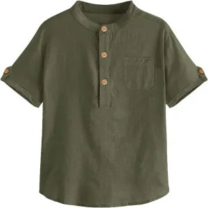 Boys Short Sleeve Henley Shirt Button Up Linen Cotton Dress Shirts Tees Tops with One Pocket