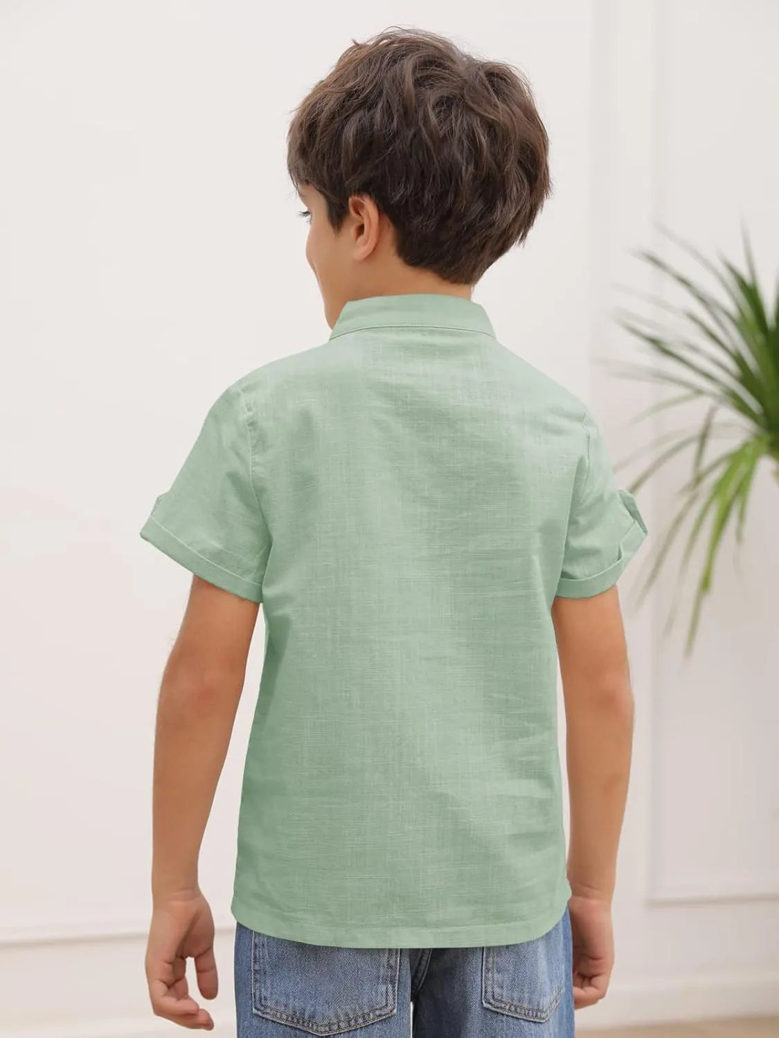 Boys Short Sleeve Henley Shirt Button Up Linen Cotton Dress Shirts Tees Tops with One Pocket