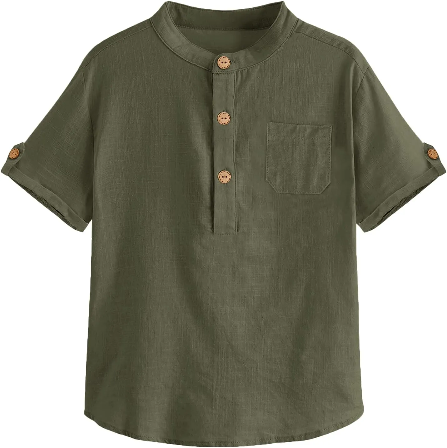 Boys Short Sleeve Henley Shirt Button Up Linen Cotton Dress Shirts Tees Tops with One Pocket