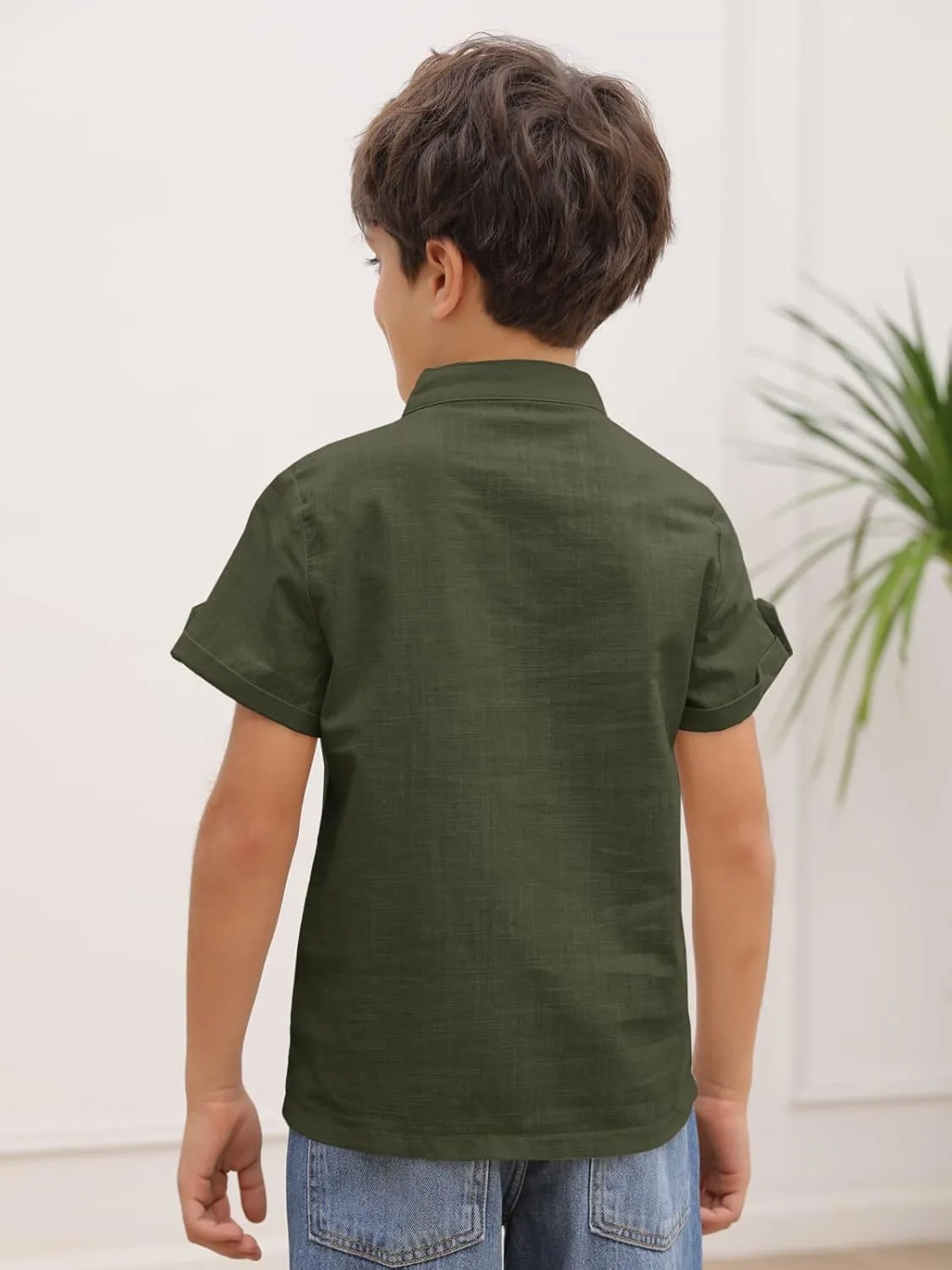 Boys Short Sleeve Henley Shirt Button Up Linen Cotton Dress Shirts Tees Tops with One Pocket