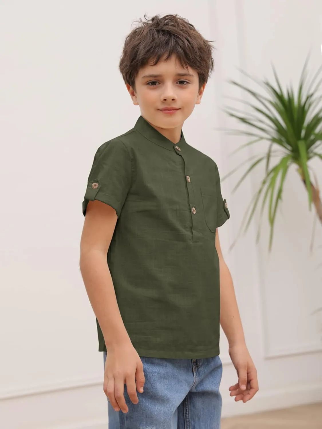 Boys Short Sleeve Henley Shirt Button Up Linen Cotton Dress Shirts Tees Tops with One Pocket